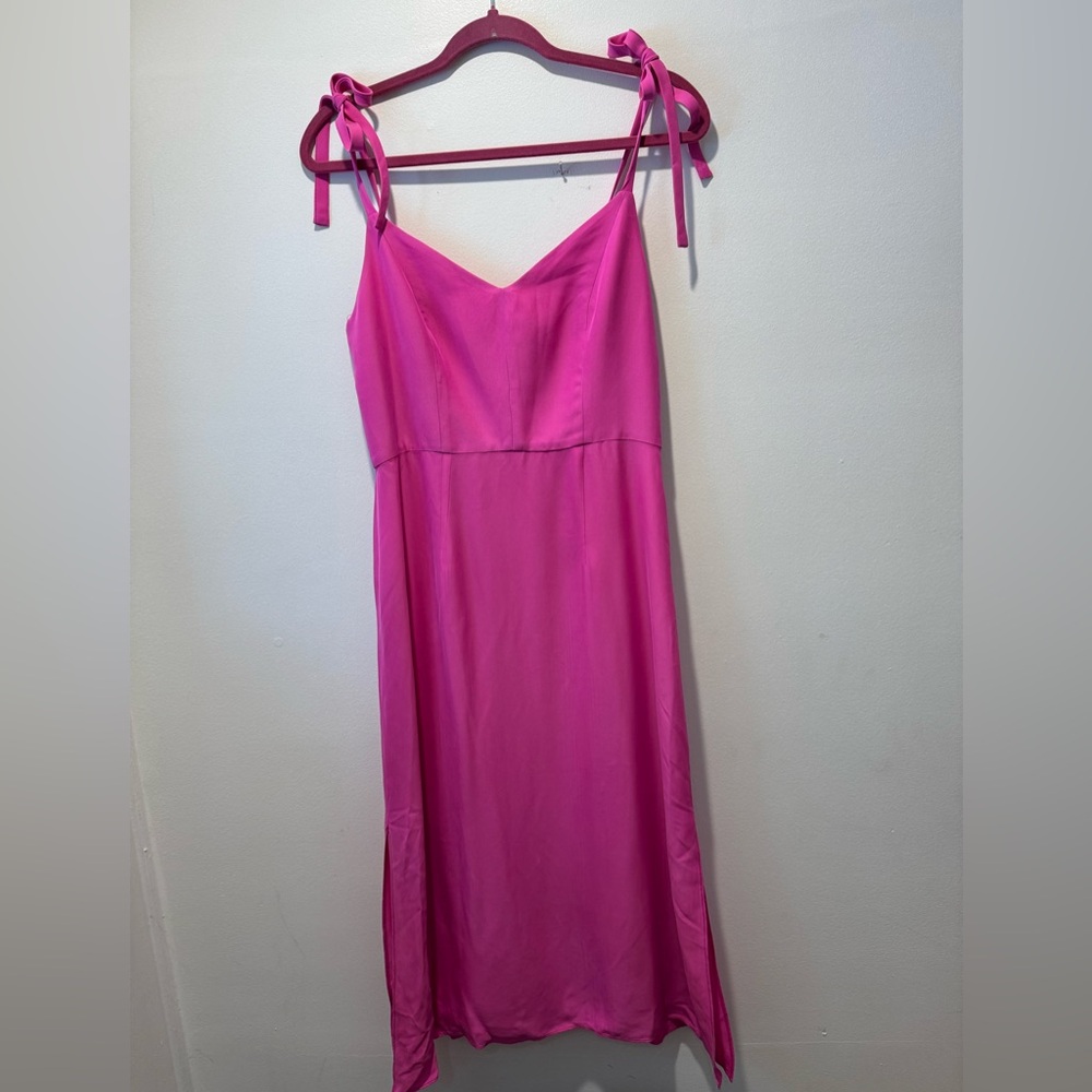 Milly Hot Pink Midi Slip Dress with Ribbon Tie Straps and Side Slits Size 4